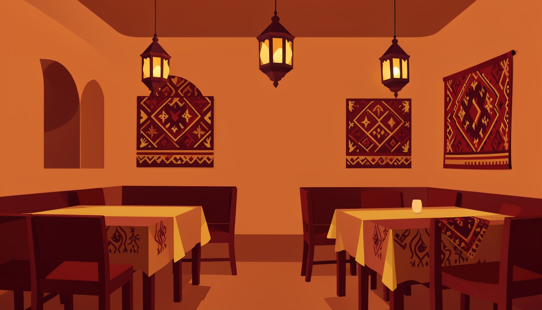 Warm interior of a North African restaurant with ornate lanterns, terracotta walls, and richly patterned textiles in amber and deep red tones